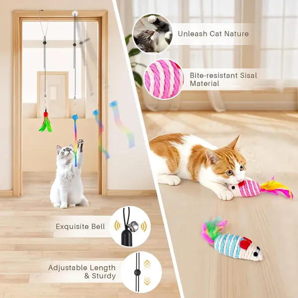 Cat Toy,4 in 1 Indoor Cat Interactive Toys,14Pcs Durable Teaser Cat Toy Replacements,Interactive Cat Feather Toys with Hanging Door Kitten Wand Suction Cup Feathers Ball Mice Butterfly Streamer