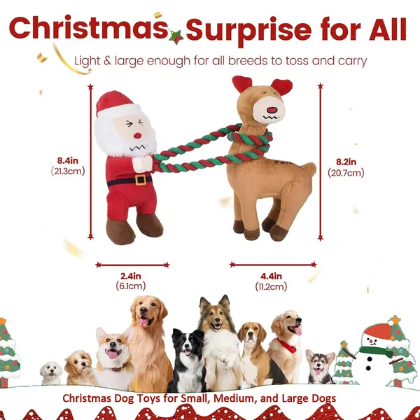 Christmas Dog Toys - 2 Pack Squeaky Stuffed Toys for Large Medium Small Dogs With Detachable Rope, Crinkle to Keep Them Busy - Santa Claus & Reindeer