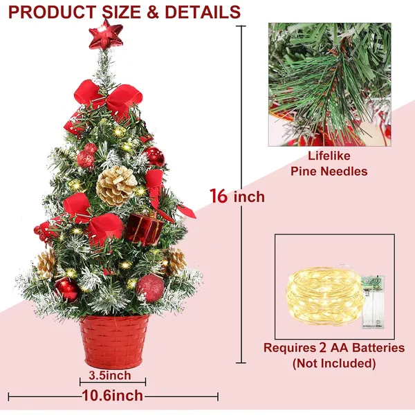 Jripae Tabletop Christmas Tree,16 inch Mini Artificial Pre-lit Christmas Tree with Battery Powered LED String Lights Christmas Decorations Indoor Xmas Office Home Decor