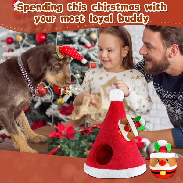 Christmas Squeaky Dog Toys 4 Pack Hide and Seek Dog Toys Christmas Hat Plush Dog Toys for Puppy Small Medium Breeds