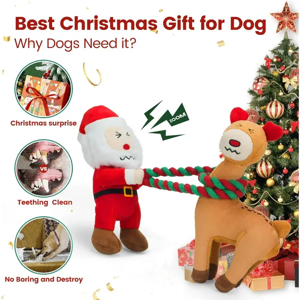 Christmas Dog Toys - 2 Pack Squeaky Stuffed Toys for Large Medium Small Dogs With Detachable Rope, Crinkle to Keep Them Busy - Santa Claus & Reindeer