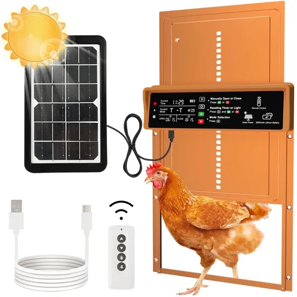 Automatic Chicken Coop Door Solar Powered Automatic Chicken Door with Timer & Light Sensor, Anti-Pinch, Durable Aluminum Auto Chicken Door, Charge with Solar Panel & USB