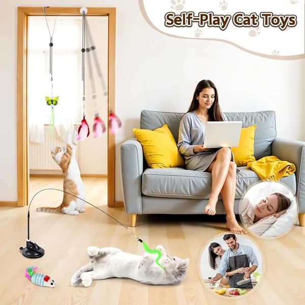 Cat Toy,4 in 1 Indoor Cat Interactive Toys,14Pcs Durable Teaser Cat Toy Replacements,Interactive Cat Feather Toys with Hanging Door Kitten Wand Suction Cup Feathers Ball Mice Butterfly Streamer
