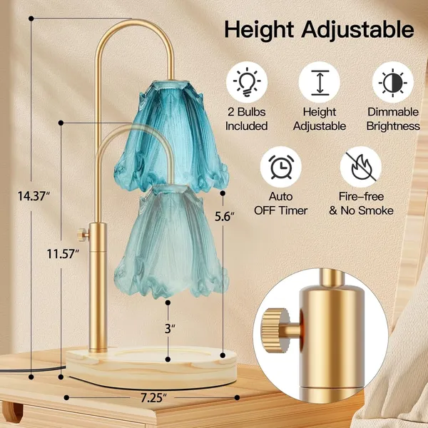 Candle Warmer Lamp with Timer & Adjustable Height & Dimmer, Electric Wax Candle Warmer for Jar Candles, 2 Bulbs, Candle Light Room Decor Gifts for Women (Green)