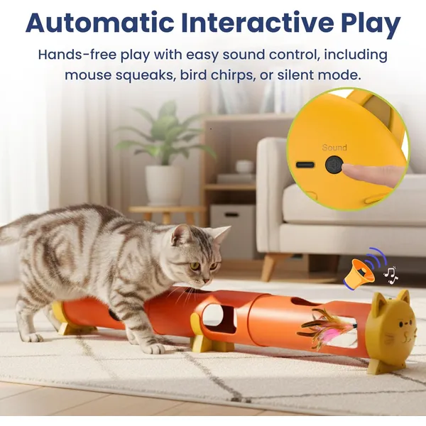 URRU Interactive Cat Toy for Indoor Cats,Electric Feather Teaser Cat Toys,Cat Tunnel Tube Toy,USB Rechargeable Self-Play Enrichment Toy for Bored Cats