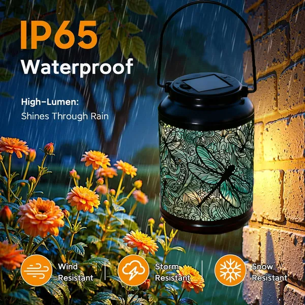 COCOBELA 2 Pack Solar Lanterns Outdoor Hanging Lantern Lights, Dragonfly Hollowed-Out Metal Decor Lantern, Waterproof LED Decorative Garden Light - Delicate Garden Decoration for Patio, Yard