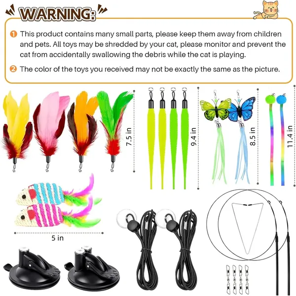 Cat Toy,4 in 1 Indoor Cat Interactive Toys,14Pcs Durable Teaser Cat Toy Replacements,Interactive Cat Feather Toys with Hanging Door Kitten Wand Suction Cup Feathers Ball Mice Butterfly Streamer