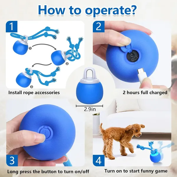 URRU Interactive Dog Toys Wicked Ball, Moving Dog Ball with Touch Activated, Squeaky Dog Toy, Active Rolling Ball for Small/Medium/Large Dogs, Dog Toys for Aggressive Chewers,Blue