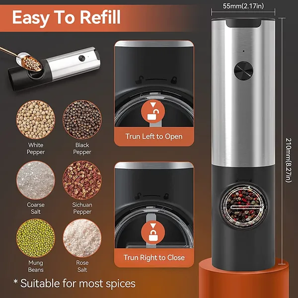 Rechargeable Electric Salt and Pepper Grinder Set, Stainless Steel