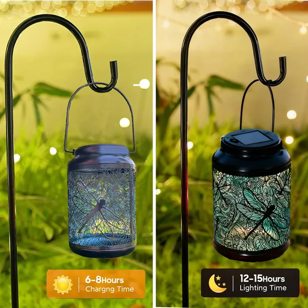COCOBELA 2 Pack Solar Lanterns Outdoor Hanging Lantern Lights, Dragonfly Hollowed-Out Metal Decor Lantern, Waterproof LED Decorative Garden Light - Delicate Garden Decoration for Patio, Yard