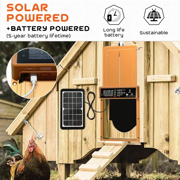 Automatic Chicken Coop Door Solar Powered Automatic Chicken Door with Timer & Light Sensor, Anti-Pinch, Durable Aluminum Auto Chicken Door, Charge with Solar Panel & USB