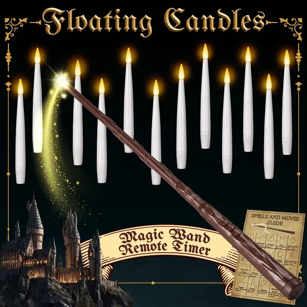 COCOBELA Floating Candles with Wand Remote Timer - Magic LED Hanging Flameless Taper Candles Flickering Battery Operated for Birthday Theme Party Home Window Decor - White 12 Pack