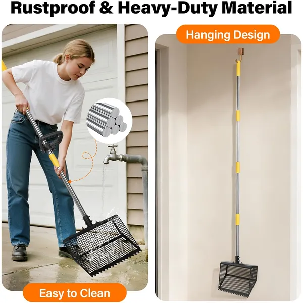 Pet Deluxe 2-in-1 Chicken Poop Scooper & Rake,12" Heavy Duty Sifting Shovel for Coop Cleaning, Adjustable 26" to 76" Stainless Steel Handle for Cleaning Cat Litter, Beach Sand, Small Farms, Pet Waste