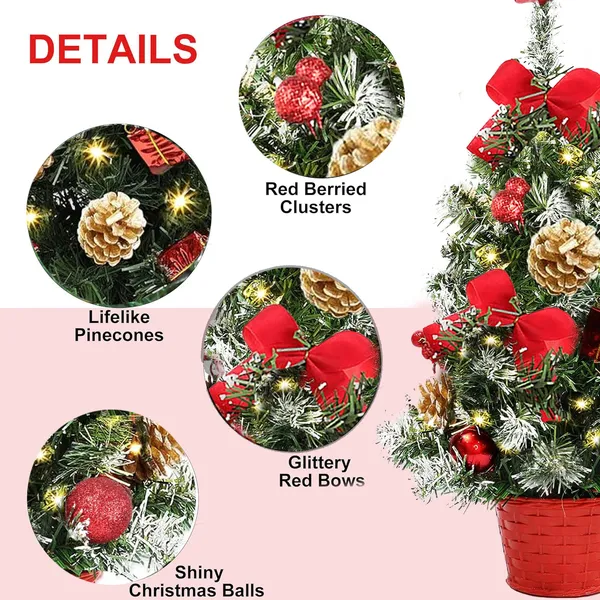 Jripae Tabletop Christmas Tree,16 inch Mini Artificial Pre-lit Christmas Tree with Battery Powered LED String Lights Christmas Decorations Indoor Xmas Office Home Decor