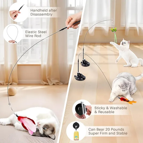 Cat Toy,4 in 1 Indoor Cat Interactive Toys,14Pcs Durable Teaser Cat Toy Replacements,Interactive Cat Feather Toys with Hanging Door Kitten Wand Suction Cup Feathers Ball Mice Butterfly Streamer
