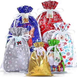 Christmas Goody Gift Bags, 25Pcs Drawstring Christmas Wrapping Bag Santa in 4 Sizes 6 Designs with Inserted Drawstring Ribbons and Tags for Xmas Holiday Presents Party Favor Wrapping