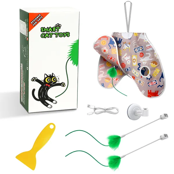 URRU Interactive Cat Toys for Indoor Cats,Moving Concealed Feathers,Real Mouse Squeaky,Touch Activated Cat Exercise Toys USB Rechargeable Self Play Toy for Cats and Kittens