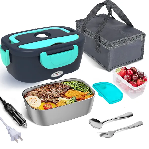 Lunch Box Food Heater 2-In-1 Portable Food Warmer Lunch Box & Home – Leak Proof, 2 Compartments, Removable 304 Stainless Steel Container, SS Fork & Spoon and Carry Bag