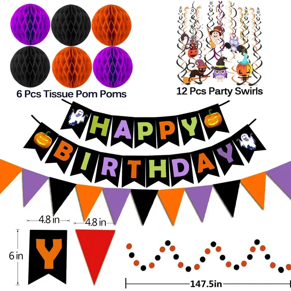 Jripae Halloween Birthday Decorations - Happy Birthday Banner with Honeycomb Ball, Halloween Hanging Swirl Streamer, Circle Dot Garland Decorations - Halloween theme Birthday Party Decoration