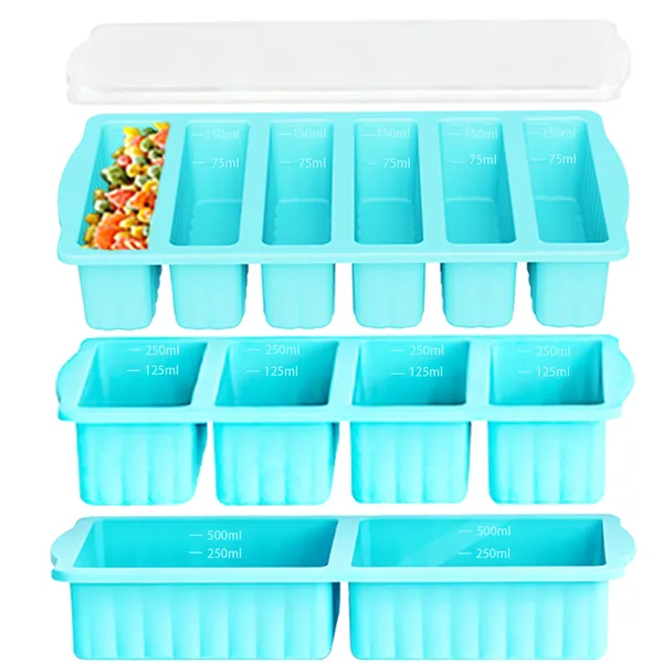 AsFrost 3Pack Silicone Freezer Trays with Lid,2 Large 2-Cup(500ml)&4 Medium 1-Cup(125ml)&6 Small 1/2-Cup(75ml) Soup Freezer Container Molds,Ice Cube Tray For Meal Prep&Freezing Soup,Stews,Sauces