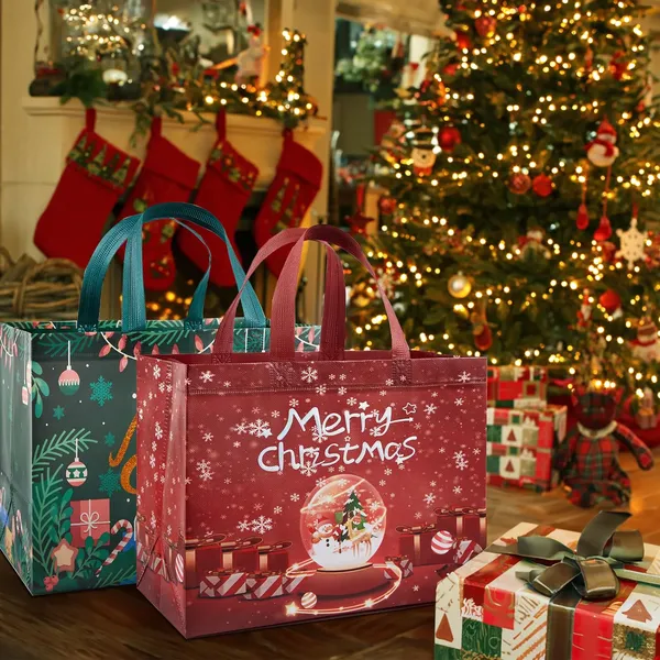 8 Pack Christmas Large Gift Bags with Handles, Non-Woven Tote Bags for Wrapping Xmas Party Favors, 12.8"x9.8"x6.7