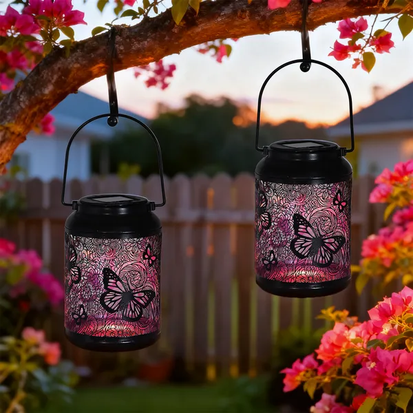 COCOBELA 2 Pack Butterfly Solar Lanterns Outdoor Hanging, Hollowed-Out Metal Waterproof LED Garden Decor Light for Patio Yard Pathway Lawn Front Porch, Christmas Thanksgiving Birthday Gifts for Women