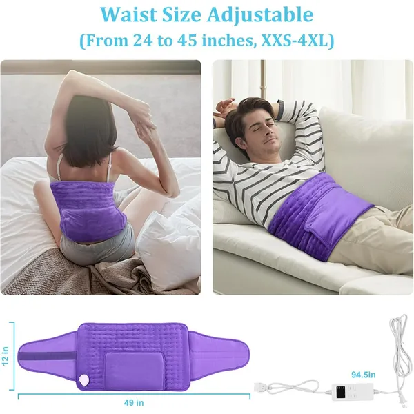 Heating Pad Back Pain Relief Electric Heating Pad for Period Cramps Lower Back Neck Shoulders Pain Relief 5-Hour Auto off 12x24 Heated Blankets + 20" Belt 3 Timer 5 Heat Level Wrap (Purple)