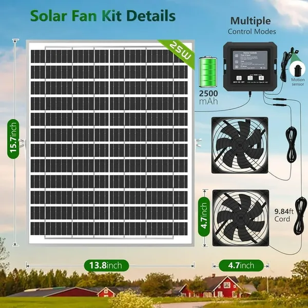 25W Solar Fan for Chicken Coop with Battery, Solar Exhaust Fan for Shed & Greenhouse, 3 Modes Controller (Continuous/Timer/Motion Sensor), Solar Powered Fan for Intake or Exhaust Vent Cooling