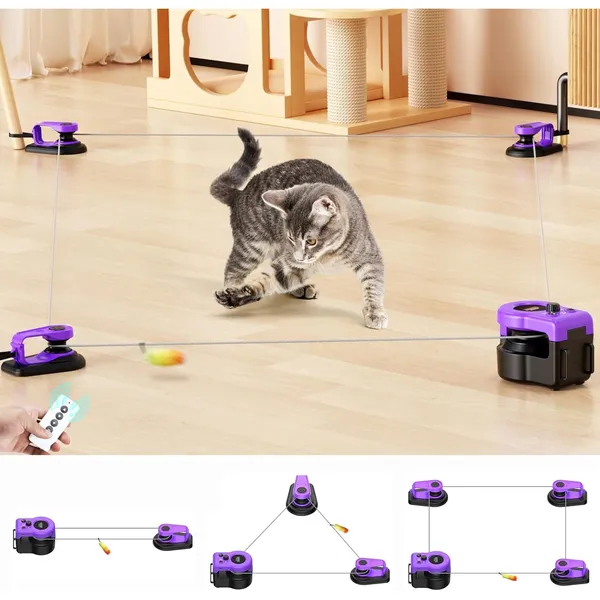 Pet Deluxe Interactive Cat Toy for Indoor Cats, Cat Feather Toy Treadmill for Bored Kitten Puppy Play Chase Run Exercise, Auto/RC Control DIY Cat Mouse Hunting Toy-Purple