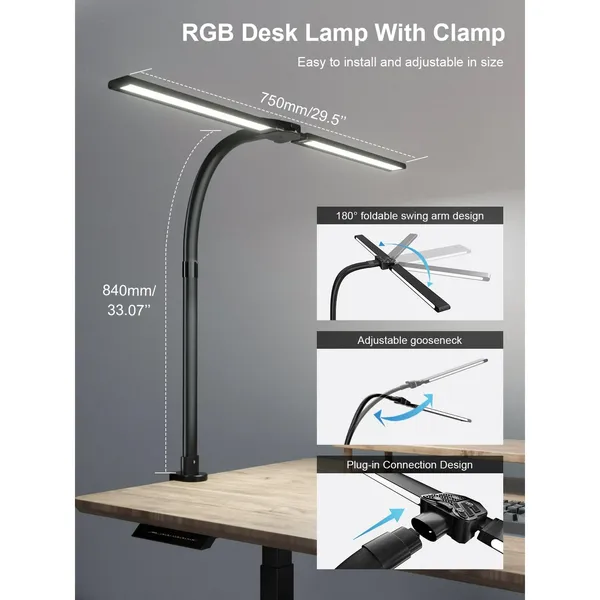 RGB Double Swing Arm Desk Lamp - 24W Ultra Bright Auto Dimming Desk Light, Multi-Angle Adjustment, Touch Control Desktop Lamp- Ideal for Home Office, Gaming, Reading, Work