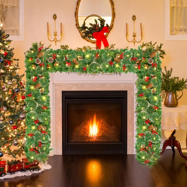 Jripae Pre-Lit Christmas Garland with Lights, 50 LEDs 9FT Christmas Garland Battery Operated Christmas Decoration Lighted Garland for Stairs Railing Fireplace Mantle Front Door Home Holiday Decor