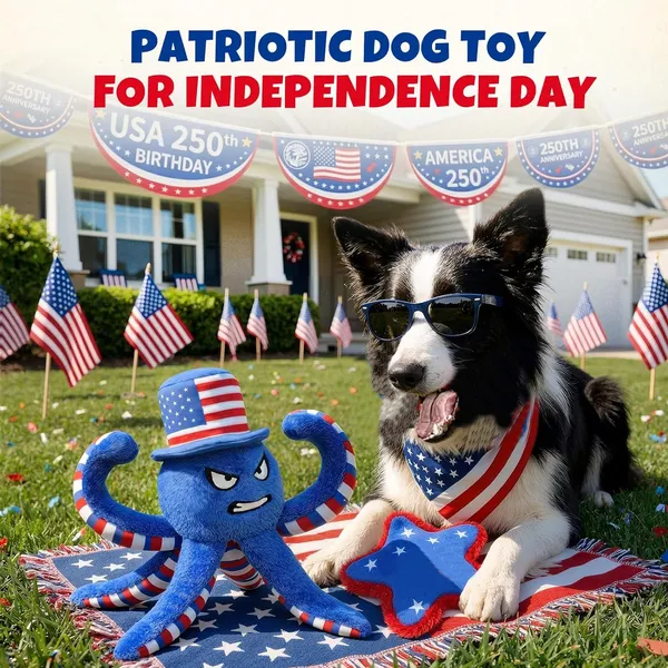 Pet Deluxe Dog Squeaky Toy USA 250th Independence Day Plush Dog Toys to Keep Them Busy,Interactive Squeaky Tug of War Doggie Toy, Crinkle Blue Octopus for Small Medium Dogs