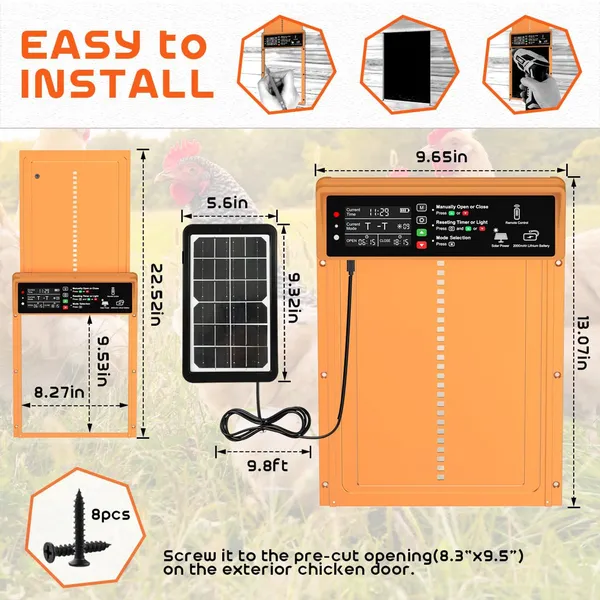 Automatic Chicken Coop Door Solar Powered Automatic Chicken Door with Timer & Light Sensor, Anti-Pinch, Durable Aluminum Auto Chicken Door, Charge with Solar Panel & USB