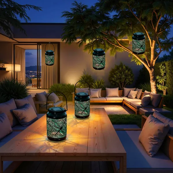 COCOBELA 2 Pack Solar Lanterns Outdoor Hanging Lantern Lights, Dragonfly Hollowed-Out Metal Decor Lantern, Waterproof LED Decorative Garden Light - Delicate Garden Decoration for Patio, Yard