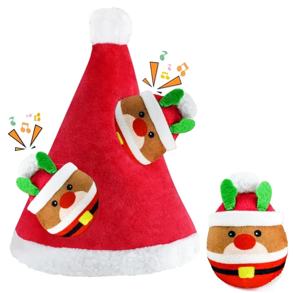 Christmas Squeaky Dog Toys 4 Pack Hide and Seek Dog Toys Christmas Hat Plush Dog Toys for Puppy Small Medium Breeds