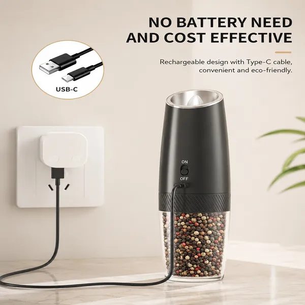 AsFrost Rechargeable Electric Salt and Pepper Grinder Set Gravity Salt and Pepper Mills Set with LED Light, No Battery Needed, Adjustable Coarseness, Washable 135ml Container