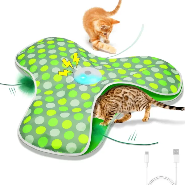 URRU Interactive Cat Toys for Indoor Cats,Hide and Seek Interactive Cat Toy with Real Mouse Squeaky & Moving Concealed Feathers,Touch Activated Cat Kitten Toy Exercise Toy for Indoor Bored Adult Cat