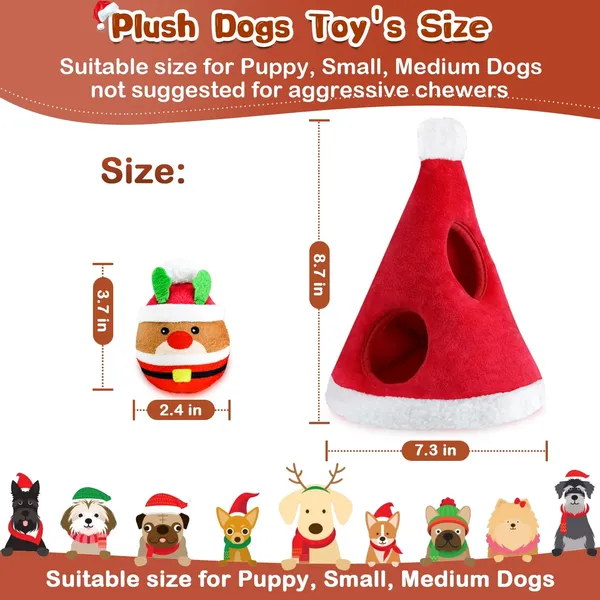 Christmas Squeaky Dog Toys 4 Pack Hide and Seek Dog Toys Christmas Hat Plush Dog Toys for Puppy Small Medium Breeds