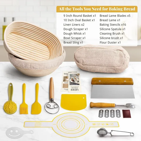 Bread Proofing Basket Set, 9" Round & 10" Oval Banneton Baskets,Complete Sourdough Starter Kit,Sourdough Bread Baking Supplies with Bread Lame, Sling, Dough Whisk