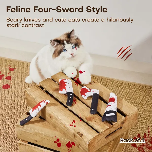 URRU 4Pcs Cat Toys, Horror Halloween Knife-Shaped Kitten Catnip Crinkly Sound Toys, Indoor Exercise for All Cat Breeds 6.5 Inches
