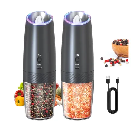 AsFrost 2 Pack Rechargeable Electric Salt and Pepper Grinder Set, Gravity Automatic Pepper Mill with LED Light, Adjustable Coarseness, USB Type-C