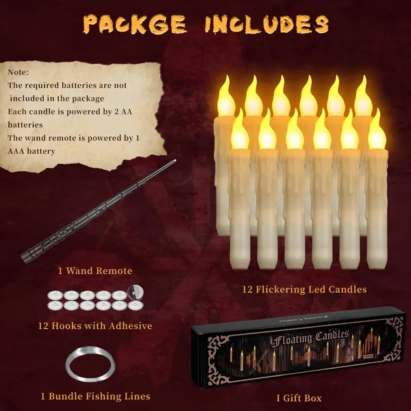 12 Pcs Floating Candles with Wand, Magic Hanging Candles Flameless, Flickering Warm Light LED Taper Candle with Wand Remote, Battery Operated Window Candle for Halloween Witch Wizzard Decor