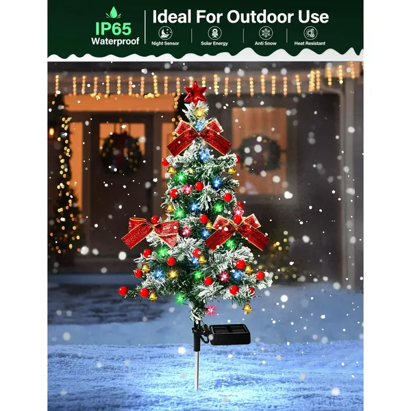 2PCS Solar Christmas Trees Lights Outdoor Decor Waterproof, 40LED Small Metal Xmas Tree Pathway Lights, Garden Stake Lights Yard Decor with Snow 2 Modes for Path Lawn Patio